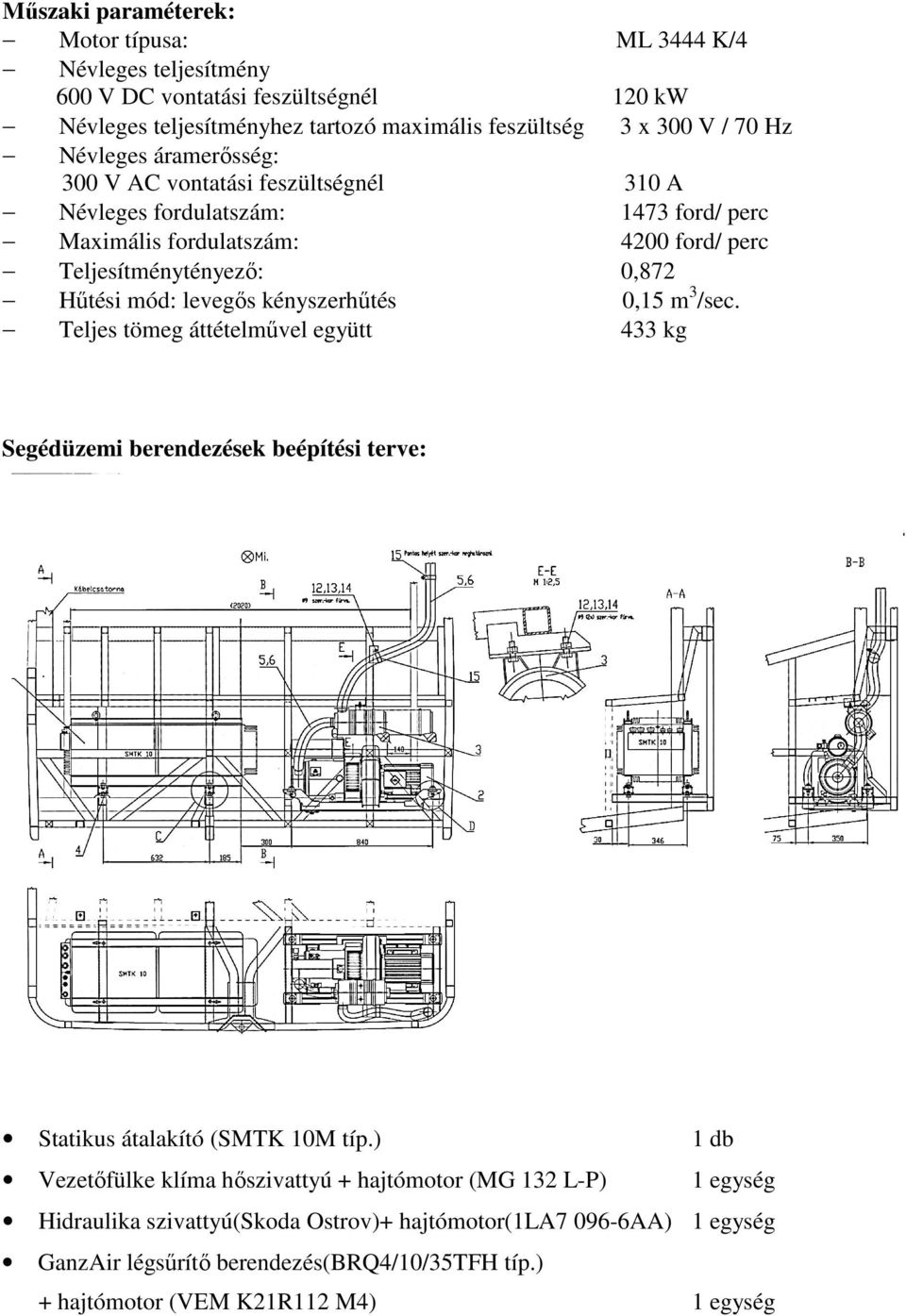 levegıs kényszerhőtés 0,15 m 3 /sec. Teljes tömeg áttételmővel együtt 433 kg Segédüzemi berendezések beépítési terve: Statikus átalakító (SMTK 10M típ.