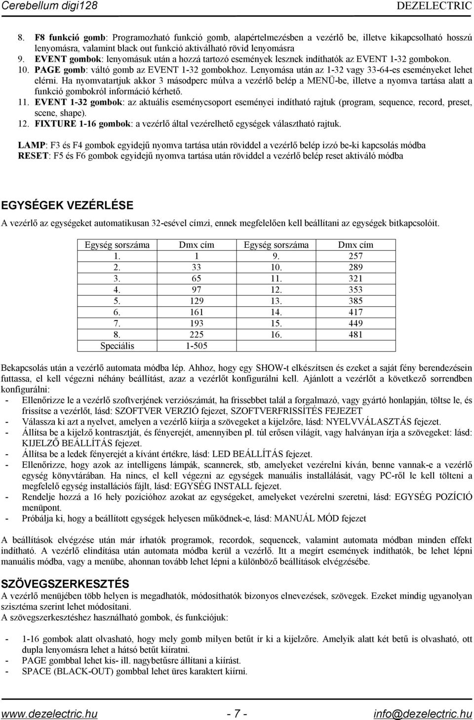 EVENT gombok: lenyomásuk után a hozzá tartozó események lesznek indíthatók az EVENT 1-32 gombokon. 10. PAGE gomb: váltó gomb az EVENT 1-32 gombokhoz.