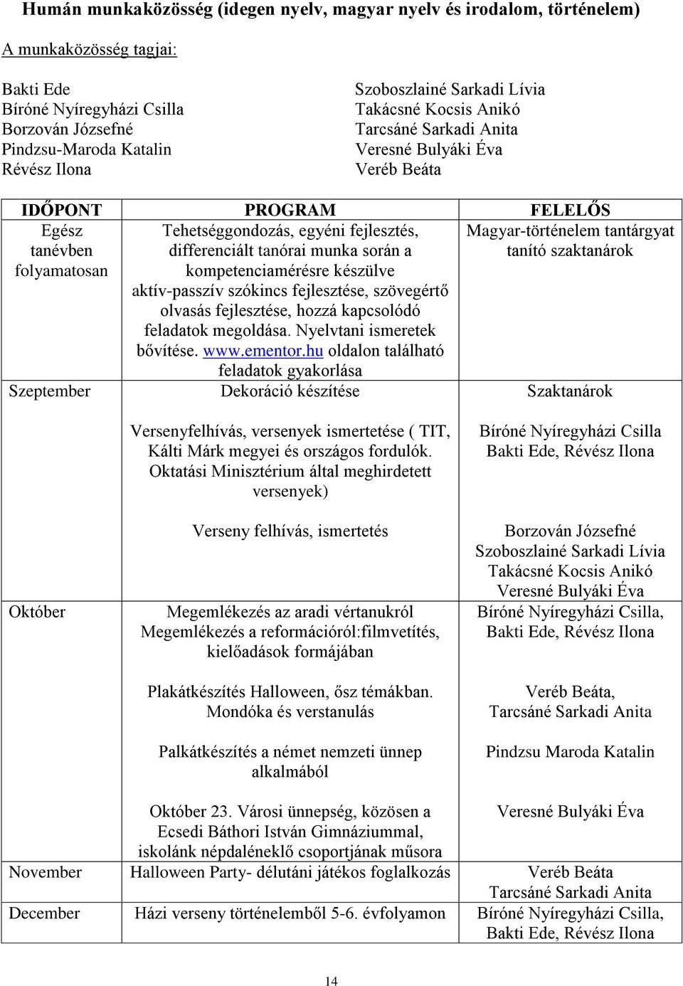 differenciált tanórai munka során a kompetenciamérésre készülve aktív-passzív szókincs fejlesztése, szövegértő olvasás fejlesztése, hozzá kapcsolódó feladatok megoldása. Nyelvtani ismeretek bővítése.