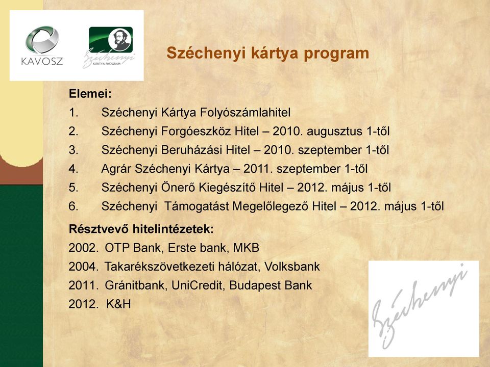 Széchenyi Önerő Kiegészítő Hitel 2012. május 1-től 6. Széchenyi Támogatást Megelőlegező Hitel 2012.