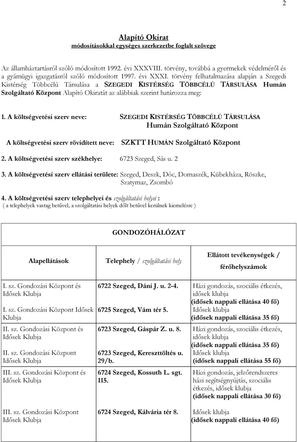 törvény felhatalmazása alapján a Szegedi Kistérség Többcélú Társulása a SZEGEDI KISTÉRSÉG TÖBBCÉLÚ TÁRSULÁSA Humán Szolgáltató Központ Alapító Okiratát az alábbiak szerint határozza meg: 1.