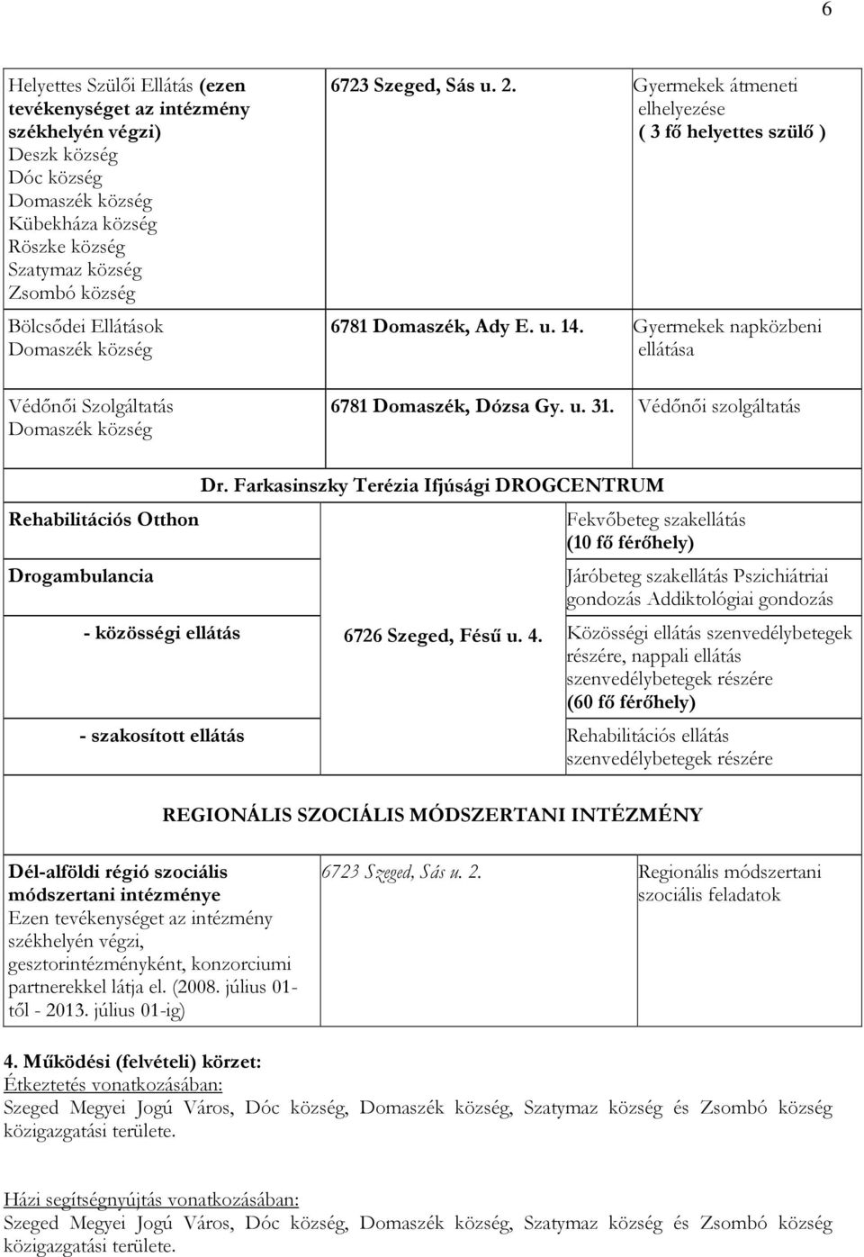 Gyermekek napközbeni ellátása 6781 Domaszék, Dózsa Gy. u. 31. Védınıi szolgáltatás Rehabilitációs Otthon Drogambulancia Dr.