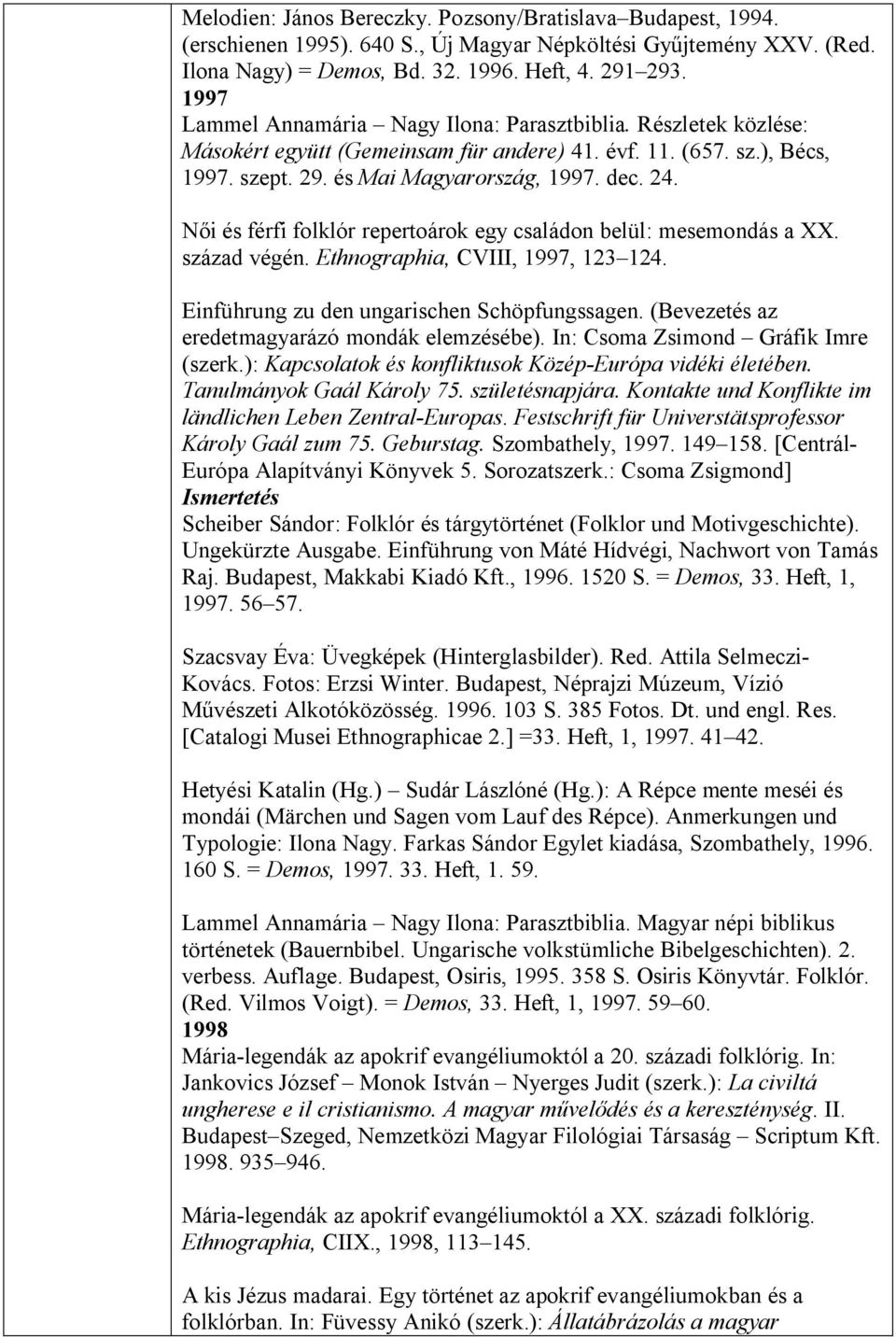 Női és férfi folklór repertoárok egy családon belül: mesemondás a XX. század végén. Ethnographia, CVIII, 1997, 123 124. Einführung zu den ungarischen Schöpfungssagen.