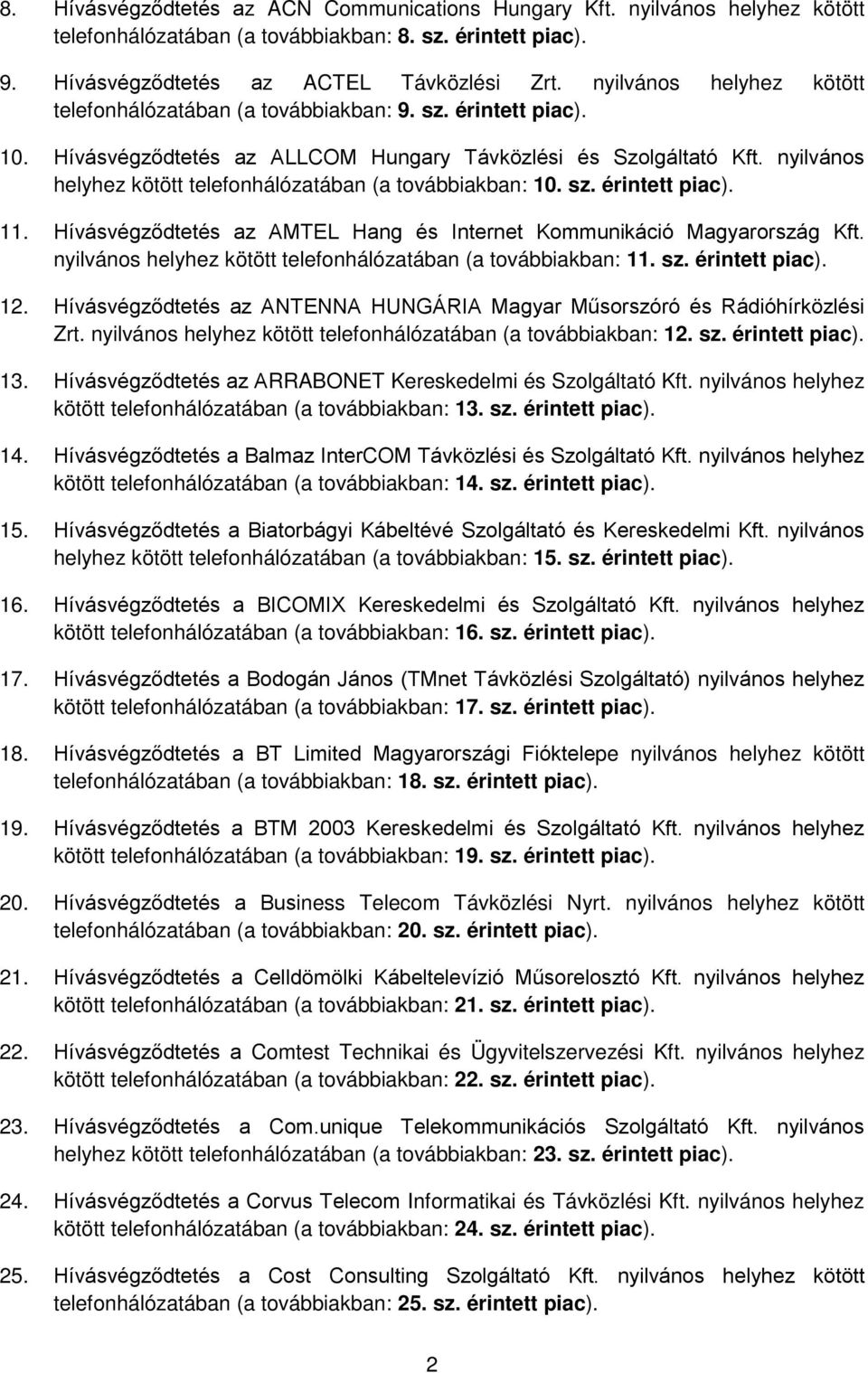nyilvános helyhez kötött telefonhálózatában (a továbbiakban: 10. sz. érintett piac). 11. Hívásvégződtetés az AMTEL Hang és Internet Kommunikáció Magyarország Kft.