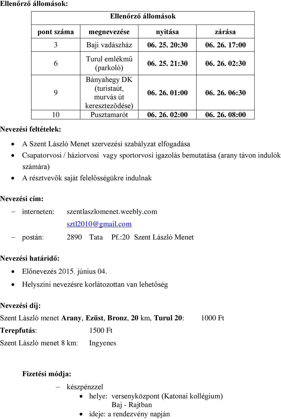 :20 Szent László Menet Nevezési határidő: pont száma megnevezése nyitása zárása 3 Baji vadászház 06. 25. 20:30 06. 26. 17:00 6 Előnevezés 2015. június 04.