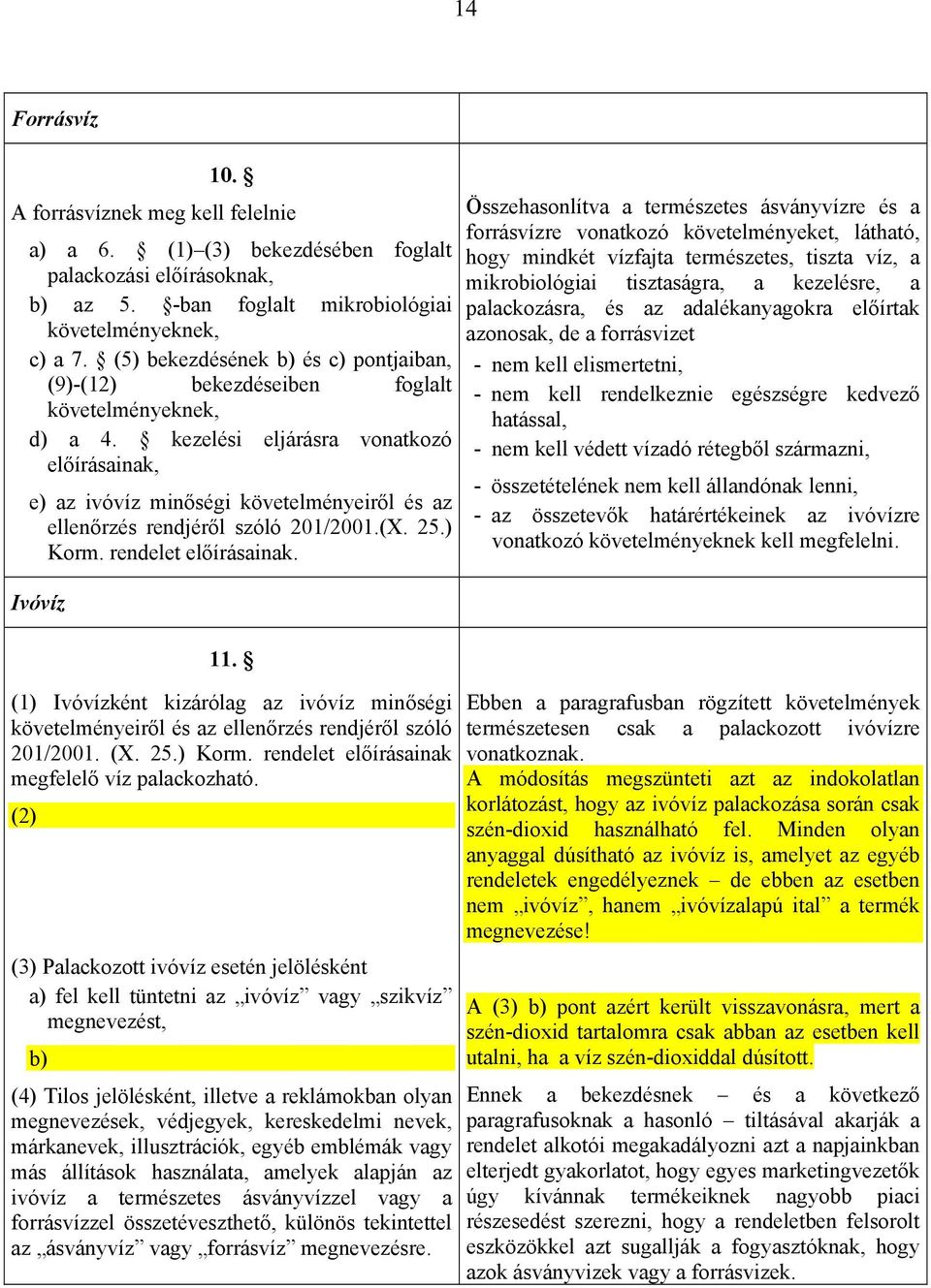 kezelési eljárásra vonatkozó előírásainak, e) az ivóvíz minőségi követelményeiről és az ellenőrzés rendjéről szóló 201/2001.(X. 25.) Korm. rendelet előírásainak. Ivóvíz 11.