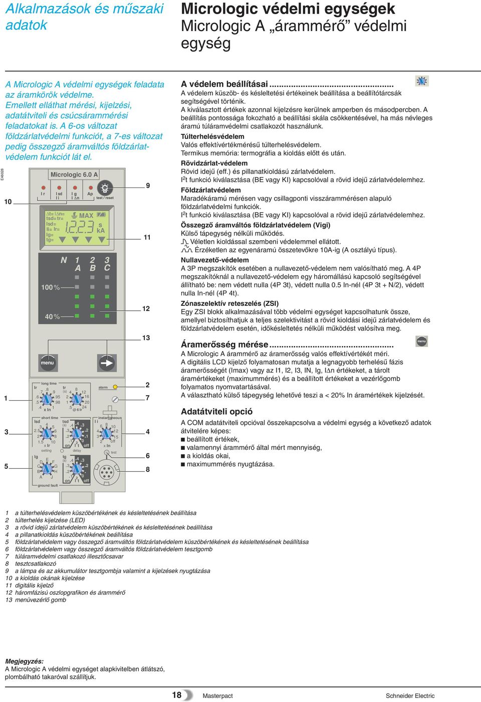 A 6-os változat földzárlatvédelmi funkciót, a 7-es változat pedig összegzô áramváltós földzárlatvédelem funkciót lát el. 10 1 3 5.6.5.4 100 % Micrologic 6.0 A 40 % menu long time Ir.7.8.9 x In.95.