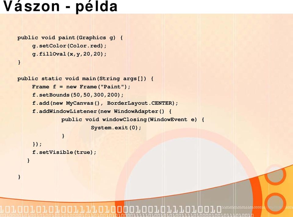 Frame("Paint"); f.setbounds(50,50,300,200); f.add(new MyCanvas(), BorderLayout.CENTER); f.