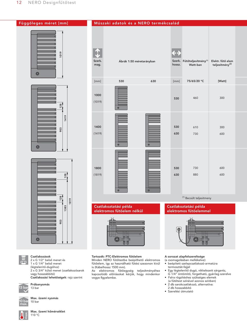 nélkül Csatlakoztatási példa elektromos fűtőelemmel 1 bar 10 bar Csatlakozások 2 x G 1/2 belső menet és 1 x G 1/4 belső menet (légtelenítő-dugóhoz) 2 x G /4 külső menet (csatlakozósarok vagy