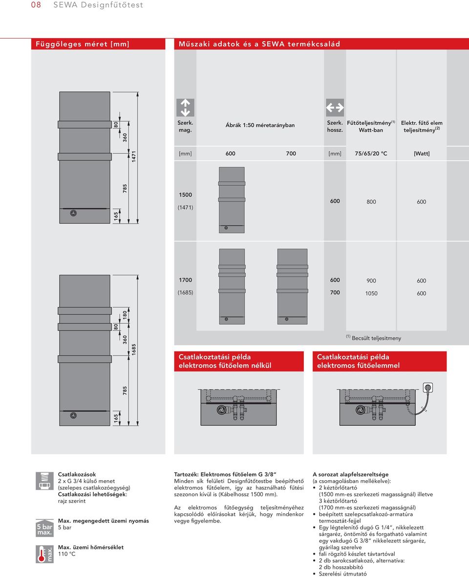 fűtőelemmel 5 bar Csatlakozások 2 x G /4 külső menet (szelepes csatlakozóegység) Csatlakozási lehetőségek: rajz szerint Max. megengedett üzemi nyomás 5 bar Max.