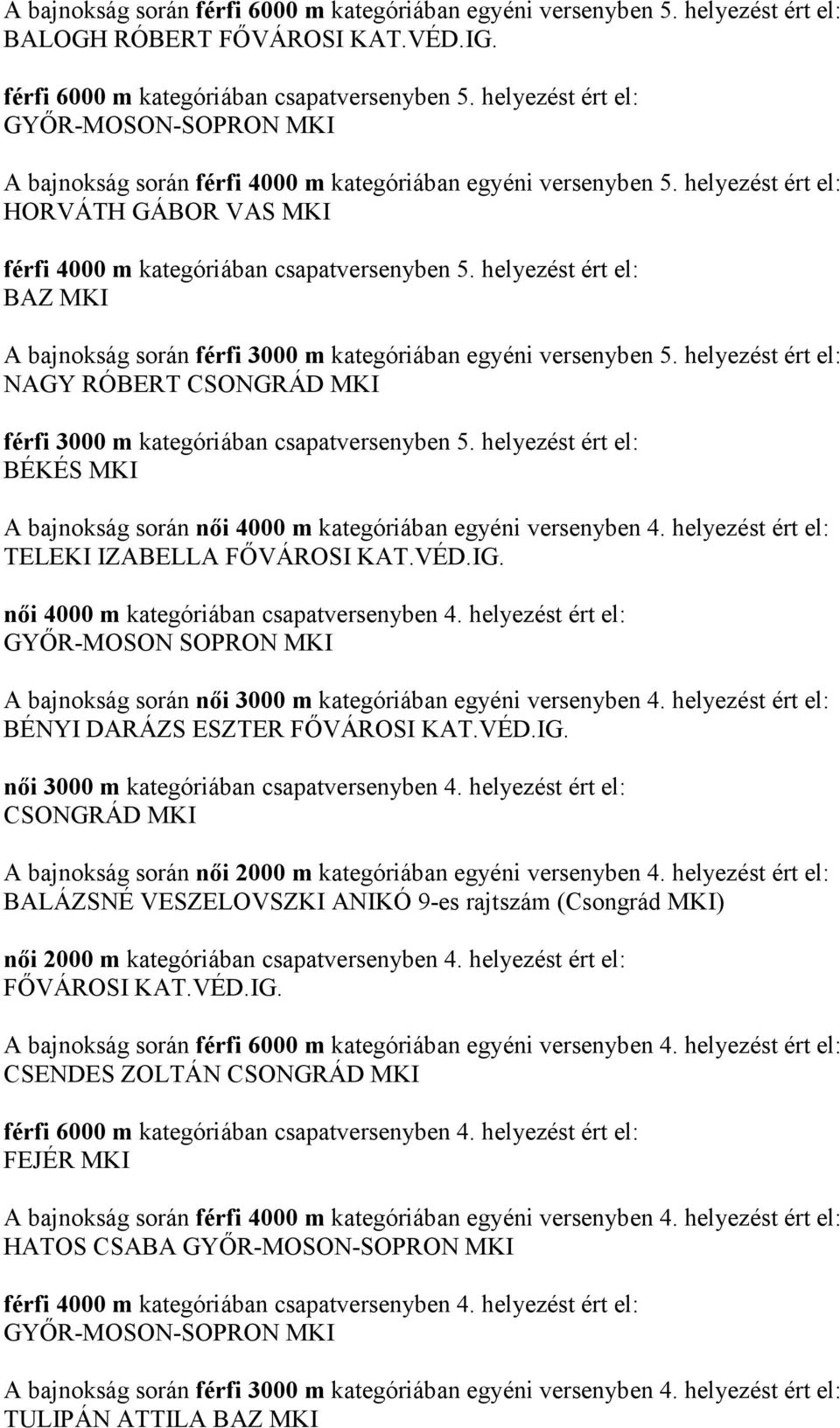 helyezést ért el: A bajnokság során férfi 3000 m kategóriában egyéni versenyben 5. helyezést ért el: NAGY RÓBERT férfi 3000 m kategóriában csapatversenyben 5.