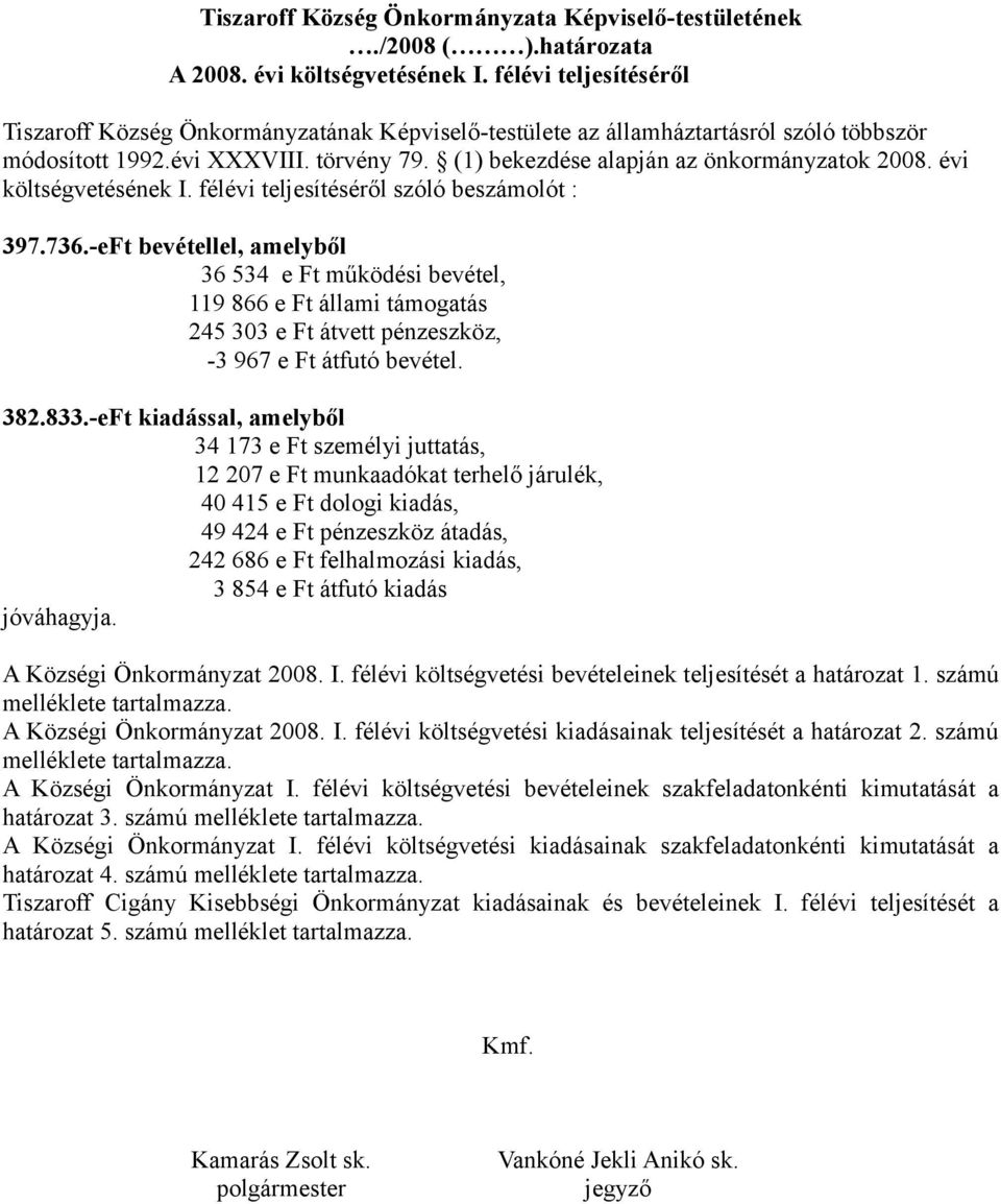 évi költségvetésének I. félévi teljesítéséről szóló beszámolót : 397.736.