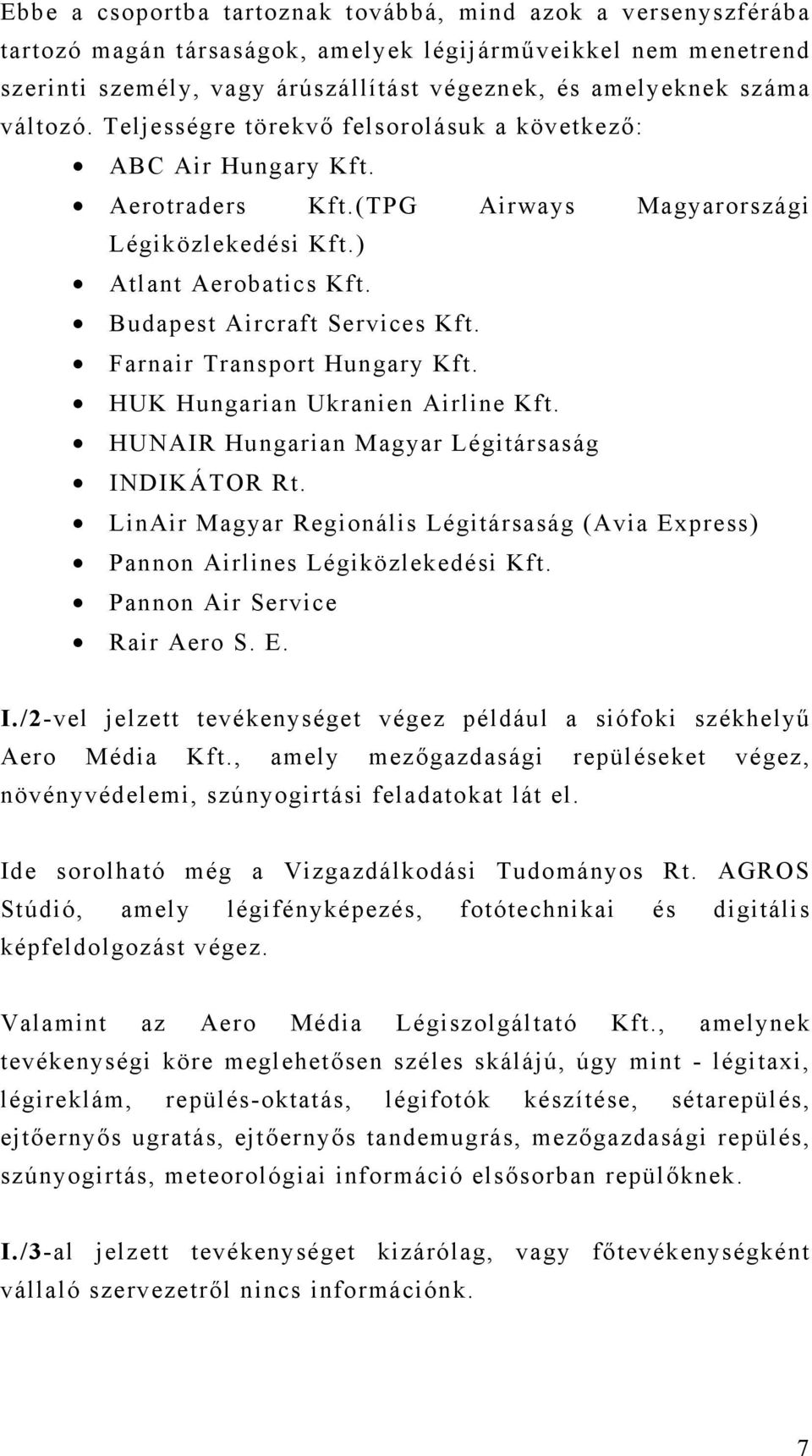 Farnair Transport Hungary Kft. HUK Hungarian Ukranien Airline Kft. HUNAIR Hungarian Magyar Légitársaság INDIKÁTOR Rt.