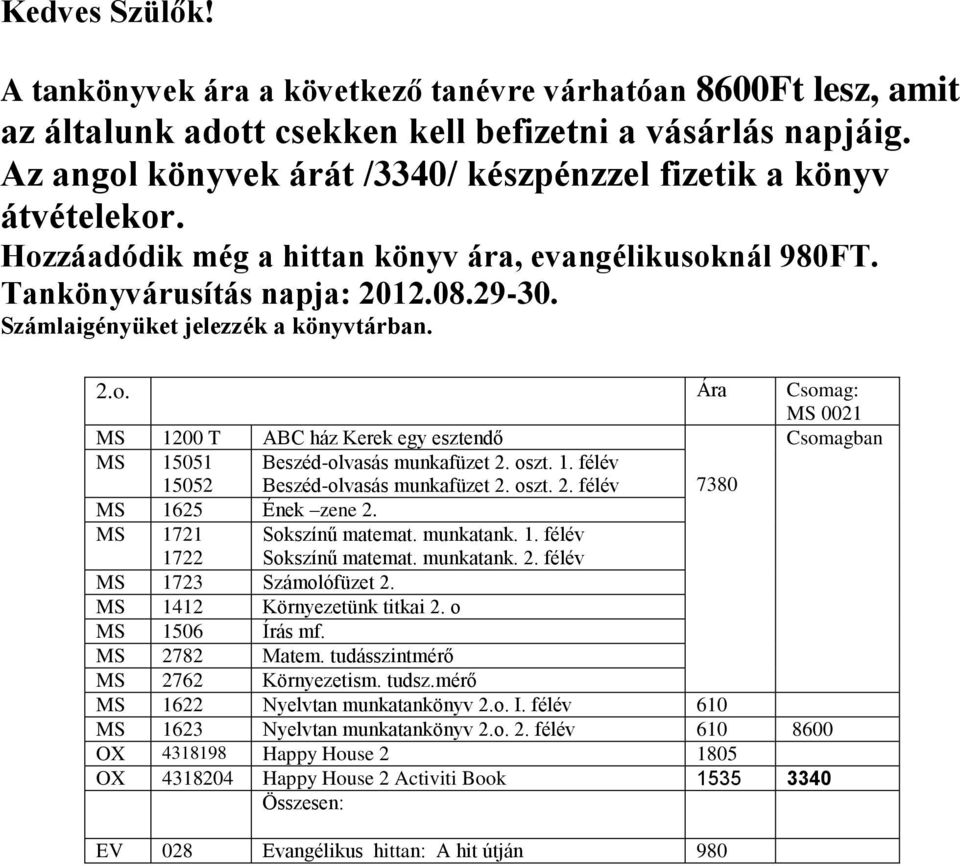 oszt. 1. félév 15052 Beszéd-olvasás munkafüzet 2. oszt. 2. félév 7380 MS 1625 Ének zene 2. MS 1721 1722 Sokszínű matemat. munkatank. 1. félév Sokszínű matemat. munkatank. 2. félév MS 1723 Számolófüzet 2.