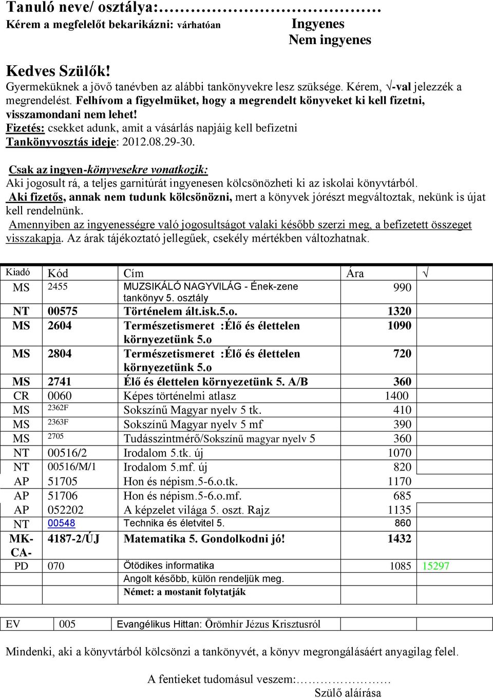 o MS 2804 Természetismeret :Élő és élettelen 720 környezetünk 5.o MS 2741 Élő és élettelen környezetünk 5. A/B 360 CR 0060 Képes történelmi atlasz 1400 MS 2362F Sokszínű Magyar nyelv 5 tk.