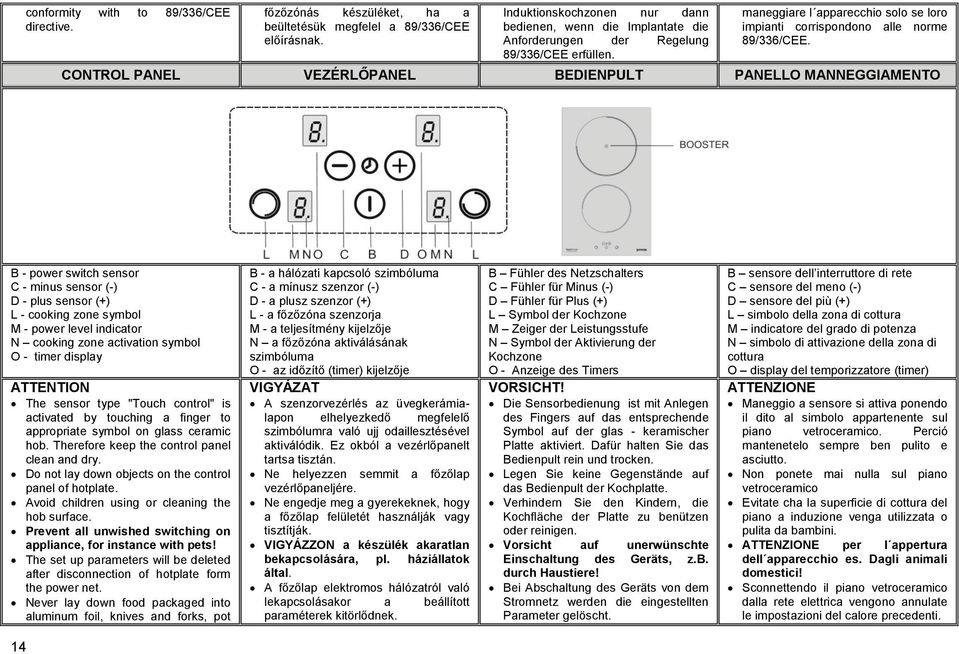 CONTROL PANEL VEZÉRLŐPANEL BEDIENPULT PANELLO MANNEGGIAMENTO B - power switch sensor C - minus sensor (-) D - plus sensor (+) L - cooking zone symbol M - power level indicator N cooking zone