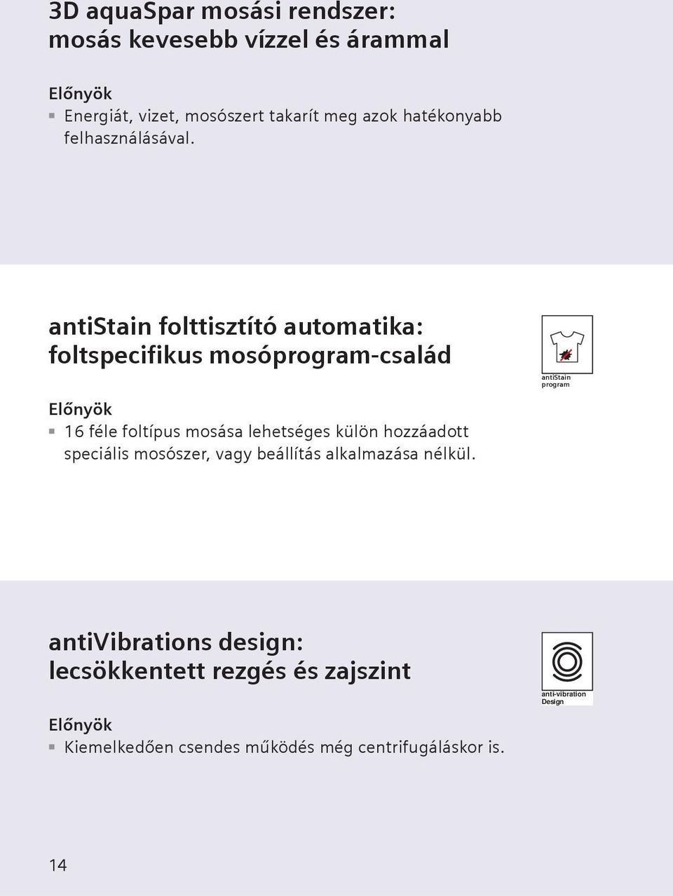 antistain folttisztító automatika: foltspecifikus mosóprogram-család antistain program 16 féle foltípus mosása
