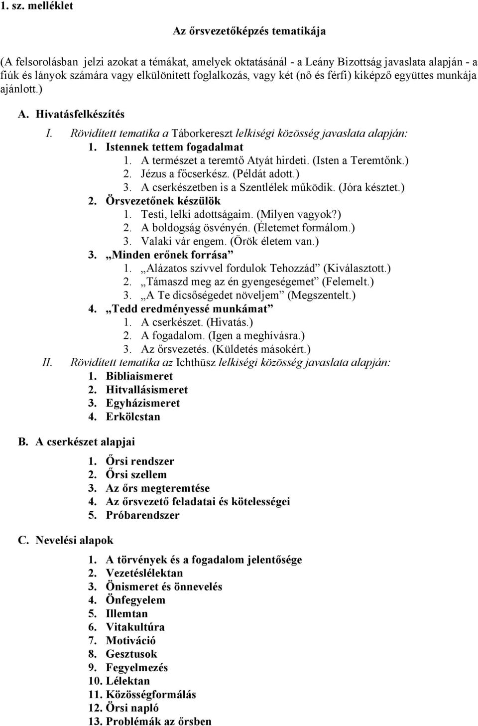 vagy két (nő és férfi) kiképző együttes munkája ajánlott.) A. Hivatásfelkészítés I. Rövidített tematika a Táborkereszt lelkiségi közösség javaslata alapján: 1. Istennek tettem fogadalmat 1.