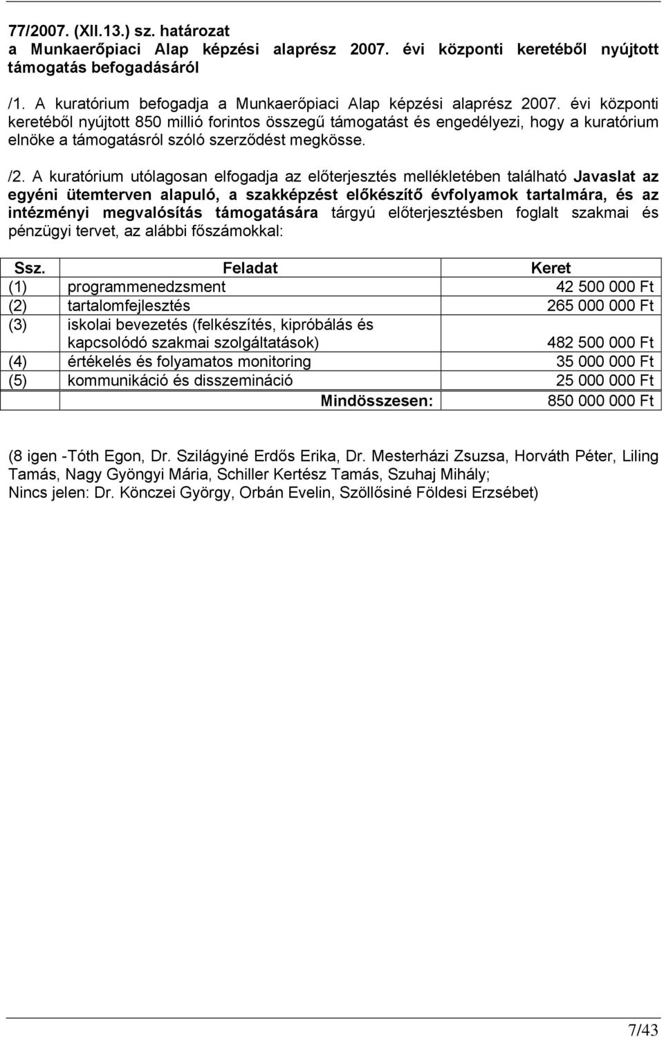 évi központi keretéből nyújtott 850 millió forintos összegű támogatást és engedélyezi, hogy a kuratórium elnöke a támogatásról szóló szerződést megkösse. /2.