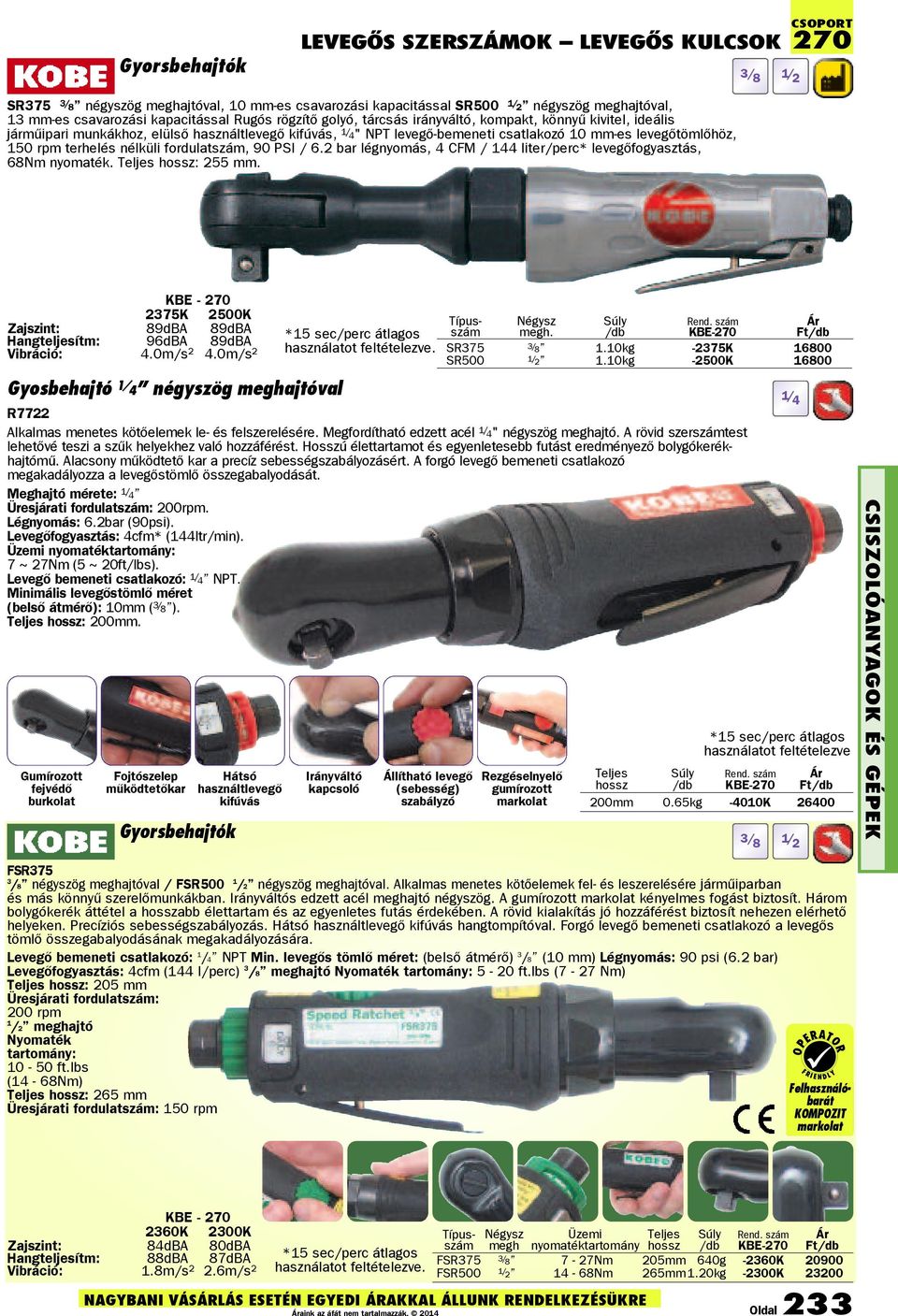 terhelés nélküli fordulat, 90 PSI / 6.2 bar légnyomás, 4 CFM / 144 liter/perc* levegõfogyasztás, 68Nm nyomaték. Teljes hossz: 255 mm.