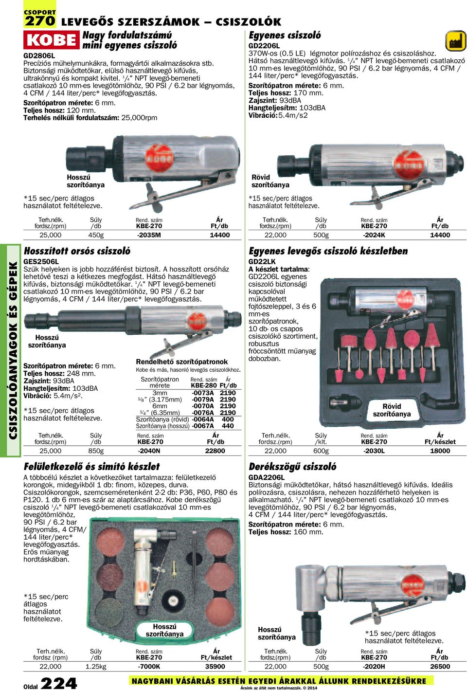 2 bar légnyomás, 4 CFM / 144 liter/perc* levegõfogyasztás. Szorítópatron mérete: 6 mm. Teljes hossz: 120 mm. Terhelés nélküli fordulat: 25,000rpm Egyenes csiszoló GD2206L 370W-os (0.