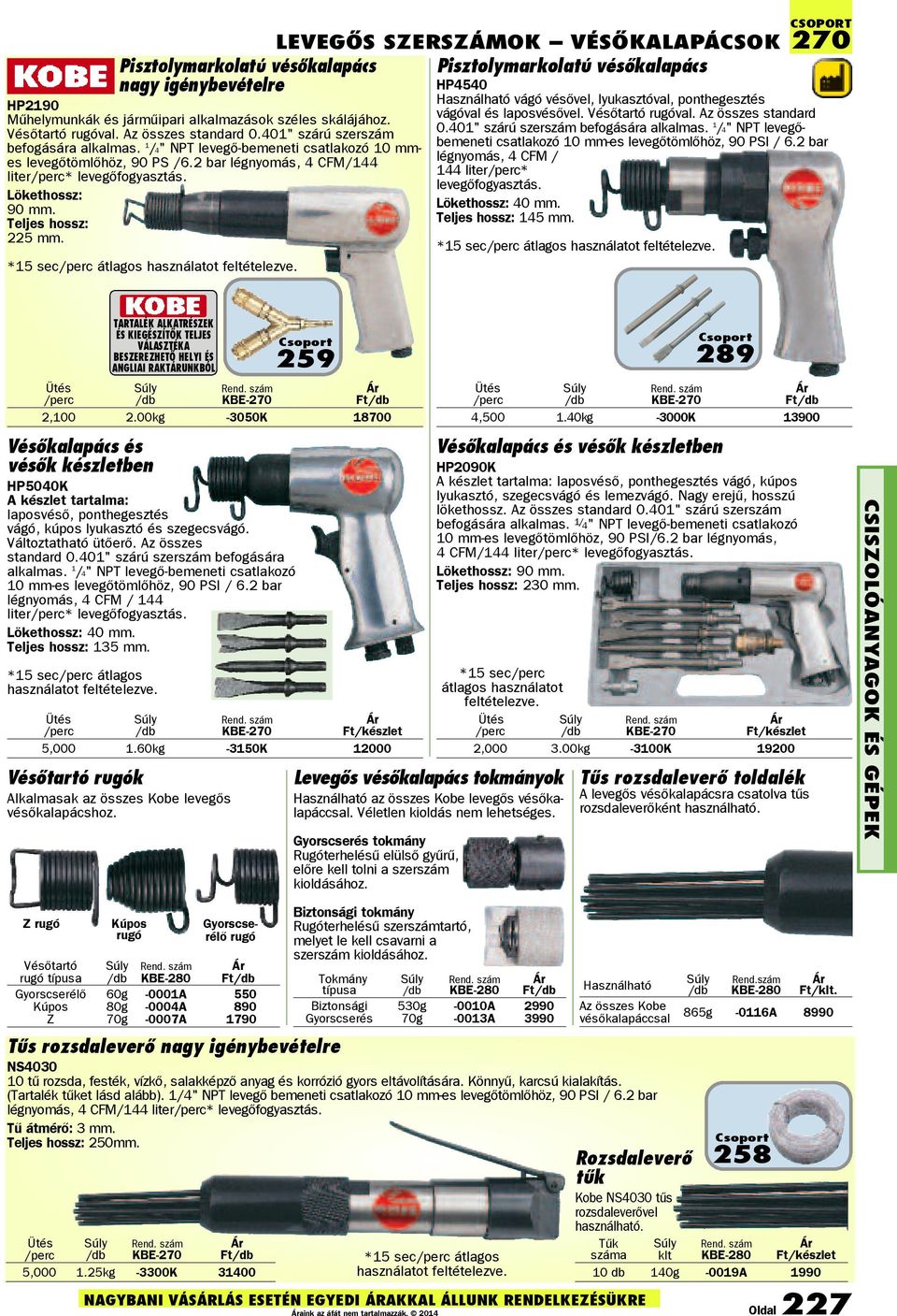 LEVEGÕS SZERSZÁMOK VÉSÕKALAPÁCSOK Pisztolymarkolatú vésõkalapács HP4540 Használható vágó vésõvel, lyukasztóval, ponthegesztés vágóval és laposvésõvel. Vésõtartó rugóval. Az összes standard 0.