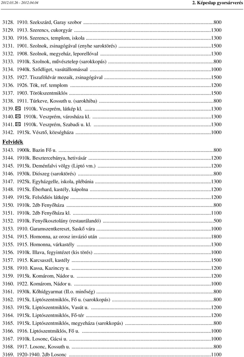 1926. Tök, ref. templom...1200 3137. 1903. Törökszentmiklós...1500 3138. 1911. Túrkeve, Kossuth u. (sarokhiba)...800 3139. 1910k. Veszprém, látkép kl....1300 3140. 1910k. Veszprém, városháza kl.