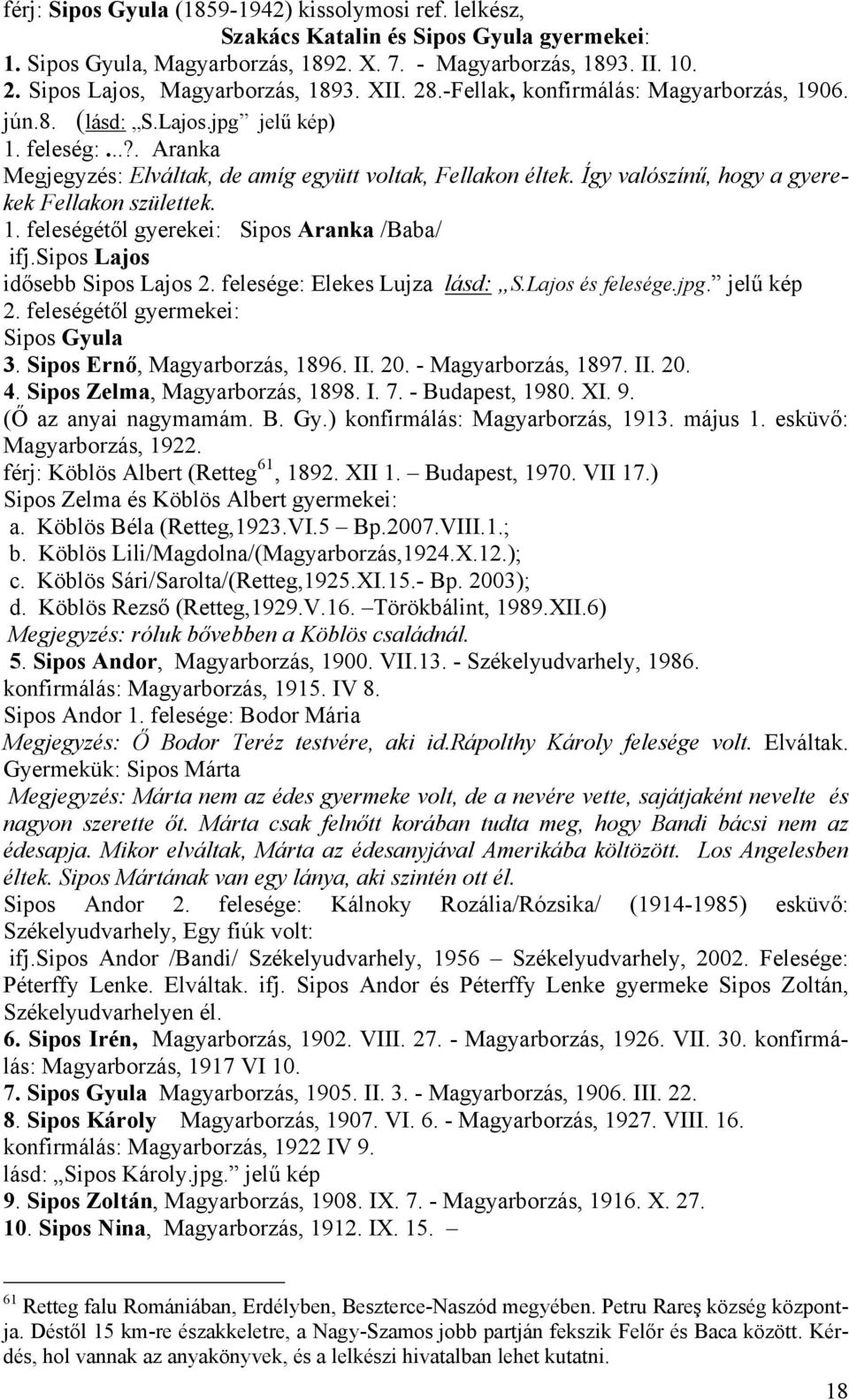 Így valószínű, hogy a gyerekek Fellakon születtek. 1. feleségétől gyerekei: Sipos Aranka /Baba/ ifj.sipos Lajos idősebb Sipos Lajos 2. felesége: Elekes Lujza lásd: S.Lajos és felesége.jpg. jelű kép 2.