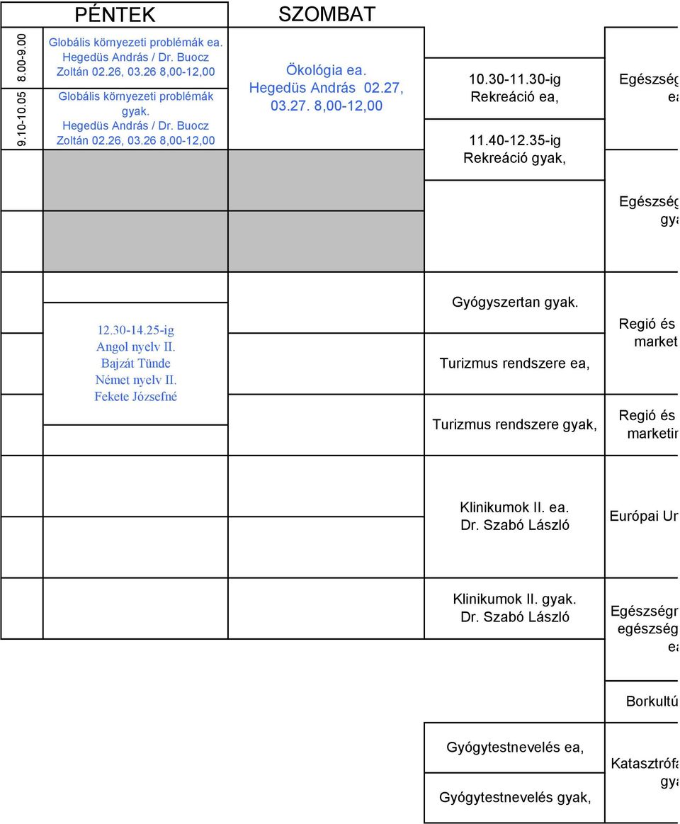 Bajzát Tünde Német nyelv II. Fekete Józsefné Turizmus rendszere ea, Turizmus rendszere gyak, Regió és település marketing ea. Regió és település marketing gyak, Klinikumok II. ea. Dr.