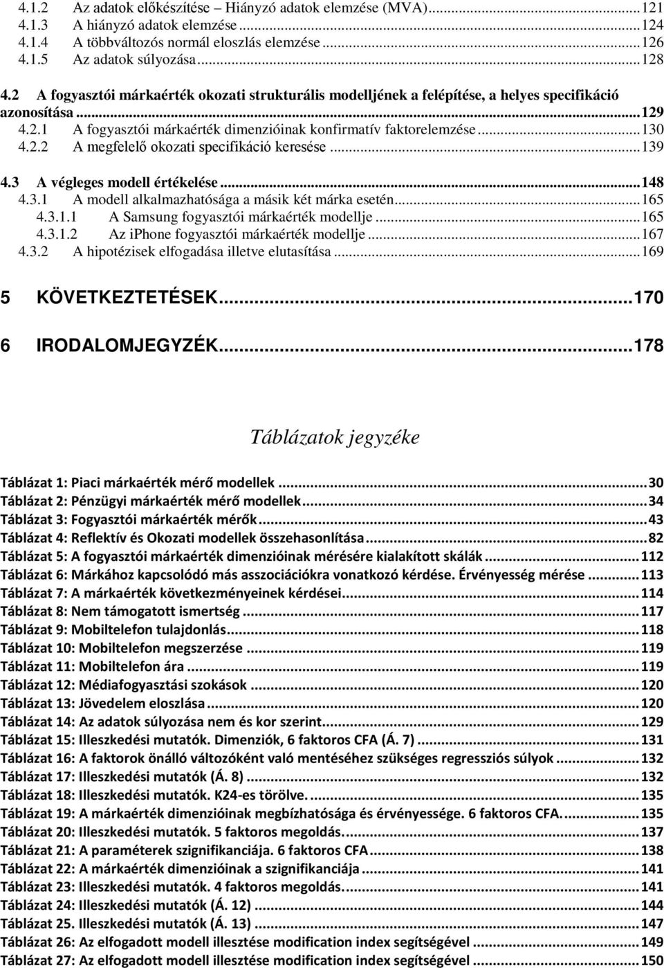 .. 139 4.3 A végleges modell értékelése... 148 4.3.1 A modell alkalmazhatósága a másik két márka esetén... 165 4.3.1.1 A Samsung fogyasztói márkaérték modellje... 165 4.3.1.2 Az iphone fogyasztói márkaérték modellje.