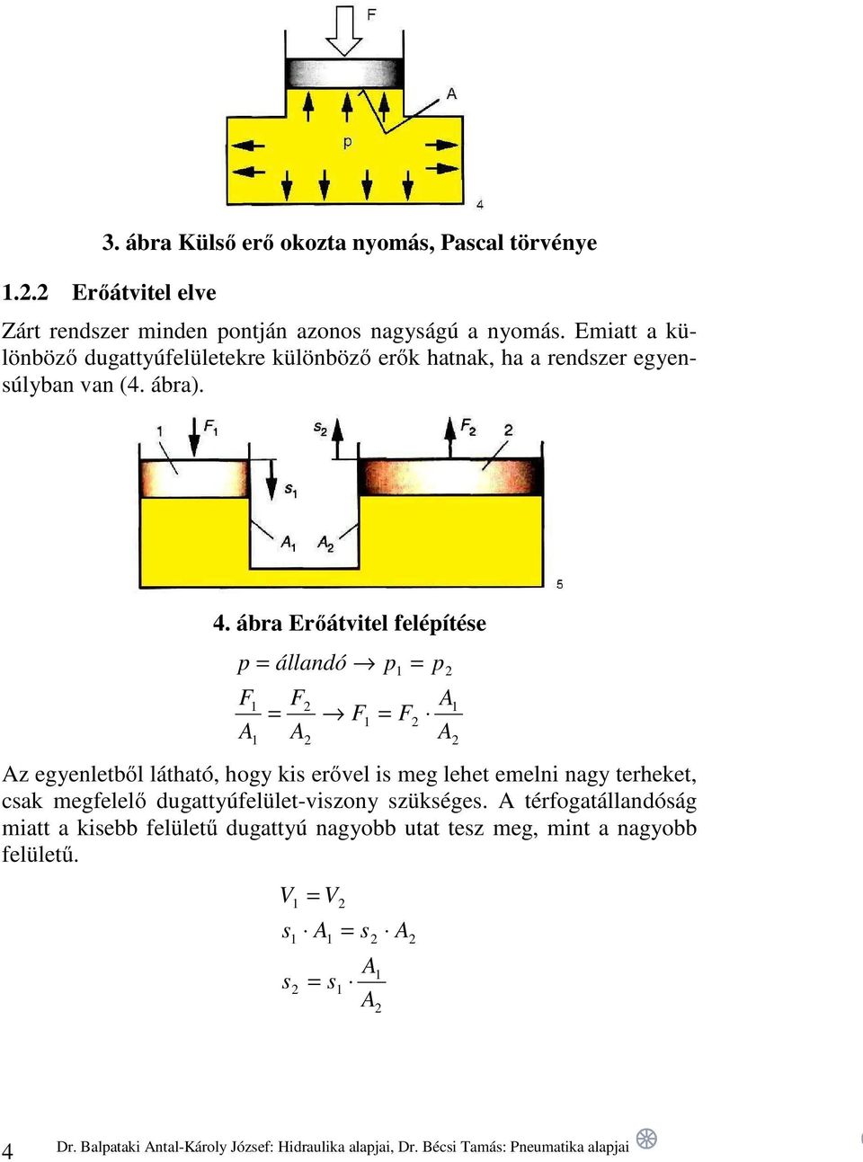 ábra Erőátvitel felépítése 1 1 1 1 1 A A F F A F A F p p állandó p = = = = Az egyenletből látható, hogy kis erővel is meg lehet emelni nagy