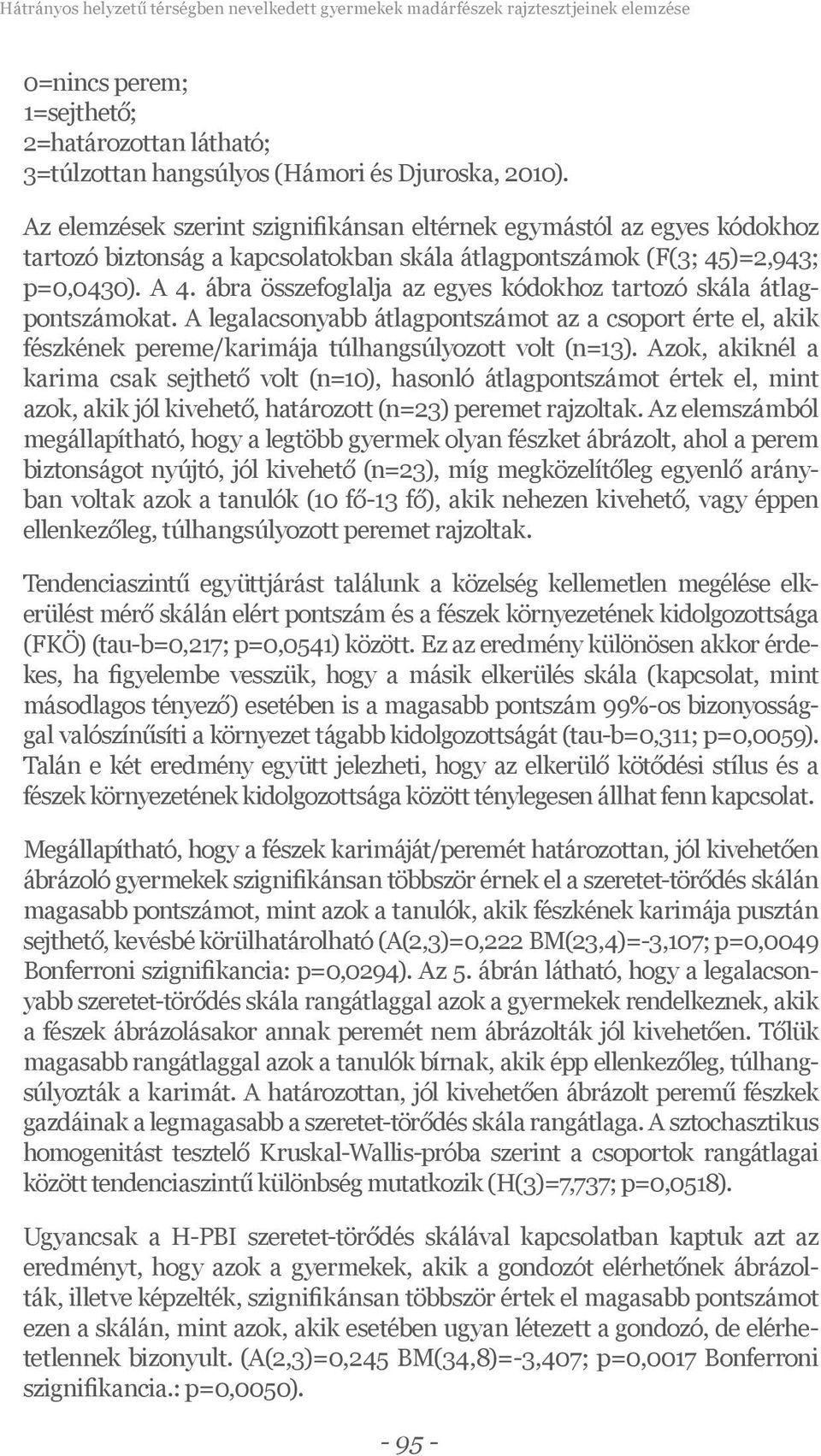 ábra összefoglalja az egyes kódokhoz tartozó skála átlagpontszámokat. A legalacsonyabb átlagpontszámot az a csoport érte el, akik fészkének pereme/karimája túlhangsúlyozott volt (n=13).