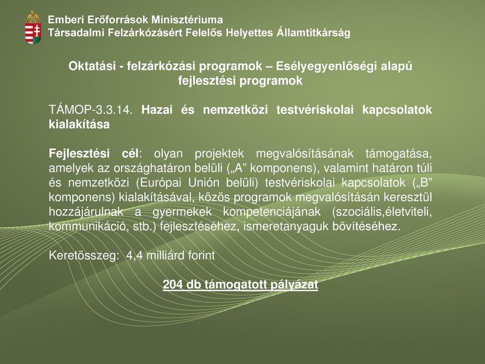 ( A komponens), valamint határon túli és nemzetközi (Európai Unión belüli) testvériskolai kapcsolatok ( B komponens) kialakításával, közös programok