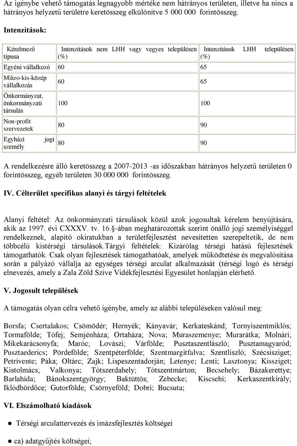 személy jogi 60 65 0 0 80 90 80 90 Intenzitások LHH településen (%) A rendelkezésre álló keretösszeg a 2007-2013 -as időszakban területen 0 forintösszeg, egyéb területen 30 000 000 forintösszeg. IV.