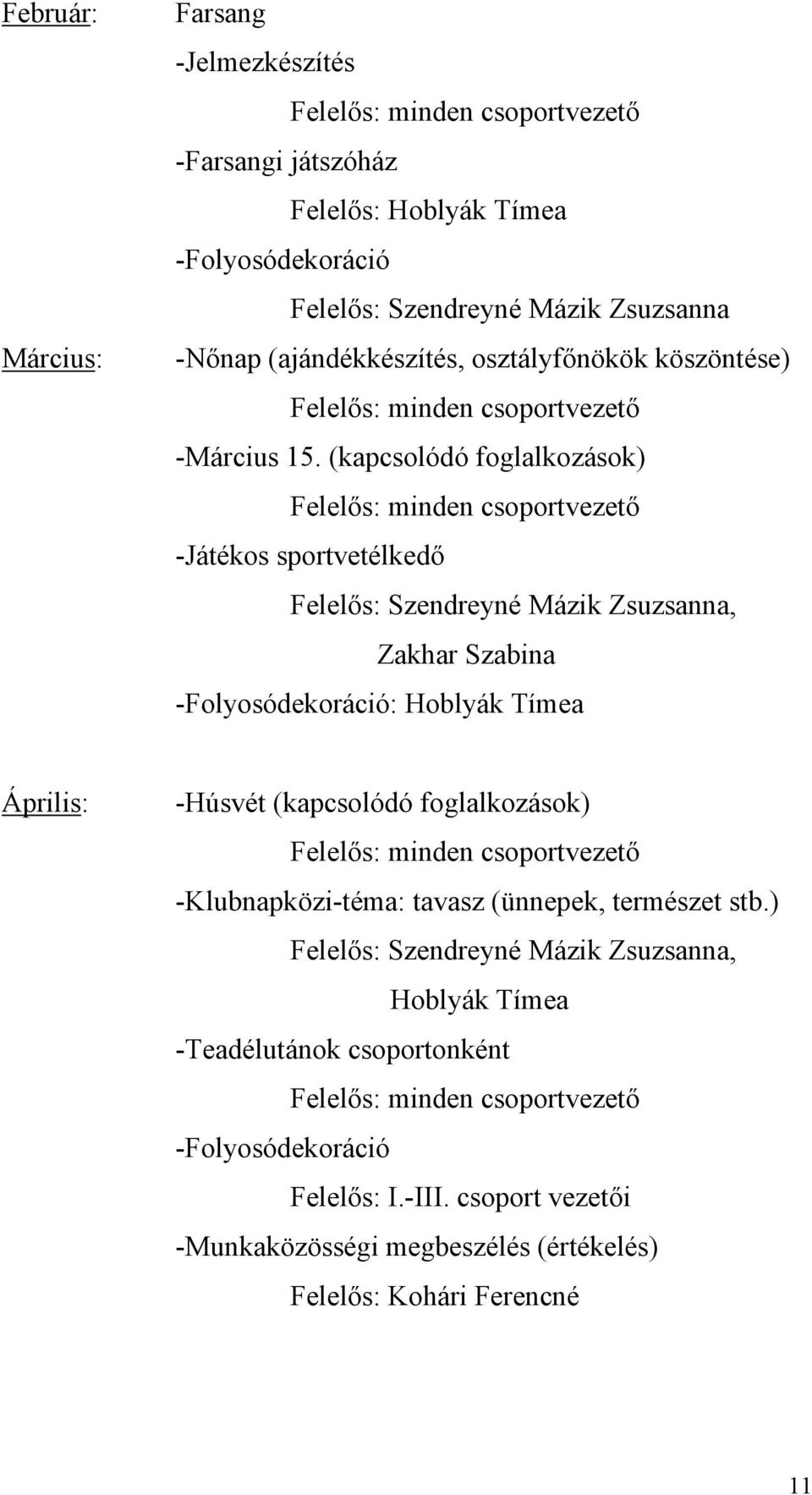 (kapcsolódó foglalkozások) -Játékos sportvetélkedő Felelős: Szendreyné Mázik Zsuzsanna, Zakhar Szabina -Folyosódekoráció: Hoblyák Tímea Április: -Húsvét