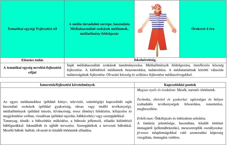 A különböző médiumok beazonosítása, tudatosítása. A médiatartalmak közötti választás tudatosságának fejlesztése. Olvasási készség és szókincs fejlesztése médiaszövegekkel.