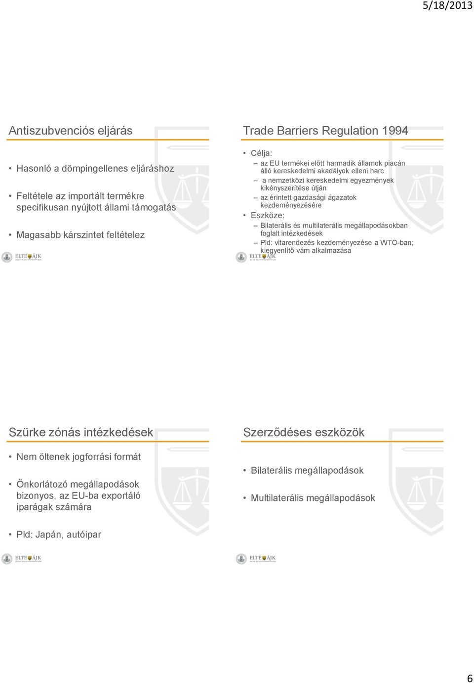 kezdeményezésére Eszköze: Bilaterális és multilaterális megállapodásokban foglalt intézkedések Pld: vitarendezés kezdeményezése a WTO-ban; kiegyenlítő vám alkalmazása Szürke zónás intézkedések