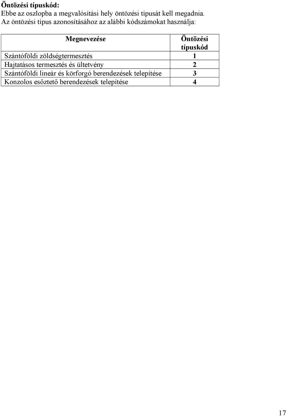 típuskód Szántóföldi zöldségtermesztés 1 Hajtatásos termesztés és ültetvény 2 Szántóföldi