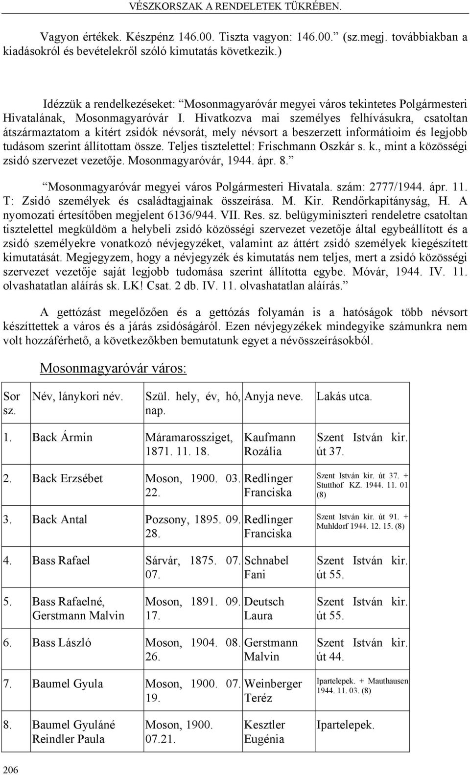 Hivatkozva mai személyes felhívásukra, csatoltan átszármaztatom a kitért zsidók névsorát, mely névsort a beszerzett informátioim és legjobb tudásom szerint állítottam össze.