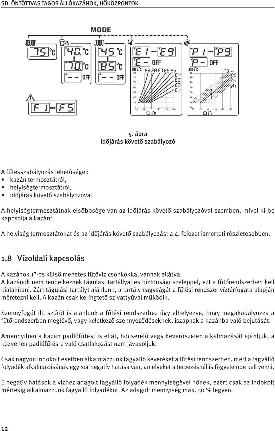 8 Vízoldali kapcsolás A kazánok 1 -os külső menetes fűtővíz csonkokkal vannak ellátva. A kazánok nem rendelkeznek tágulási tartállyal és biztonsági szeleppel, ezt a fűtőrendszerben kell kialakítani.