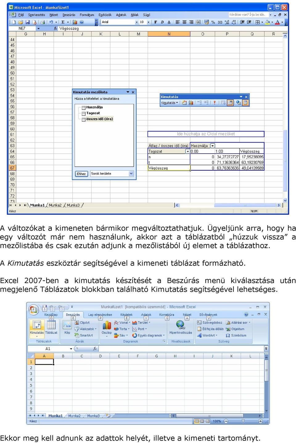 adjunk a mezőlistából új elemet a táblázathoz. A Kimutatás eszköztár segítségével a kimeneti táblázat formázható.