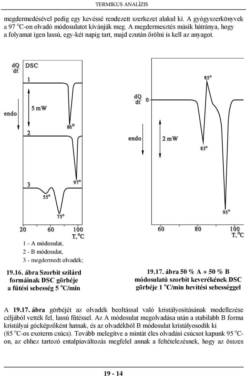 ábra Szorbit szilárd formáinak DSC görbéje a fűtési sebesség 5 o C/min 19.17. ábra 50 % A + 50 % B módosulatú szorbit keverékének DSC görbéje 1 o C/min hevítési sebességgel A 19.17. ábra görbéjét az olvadék beoltással való kristályosításának modellezése céljából vették fel, lassú fűtéssel.