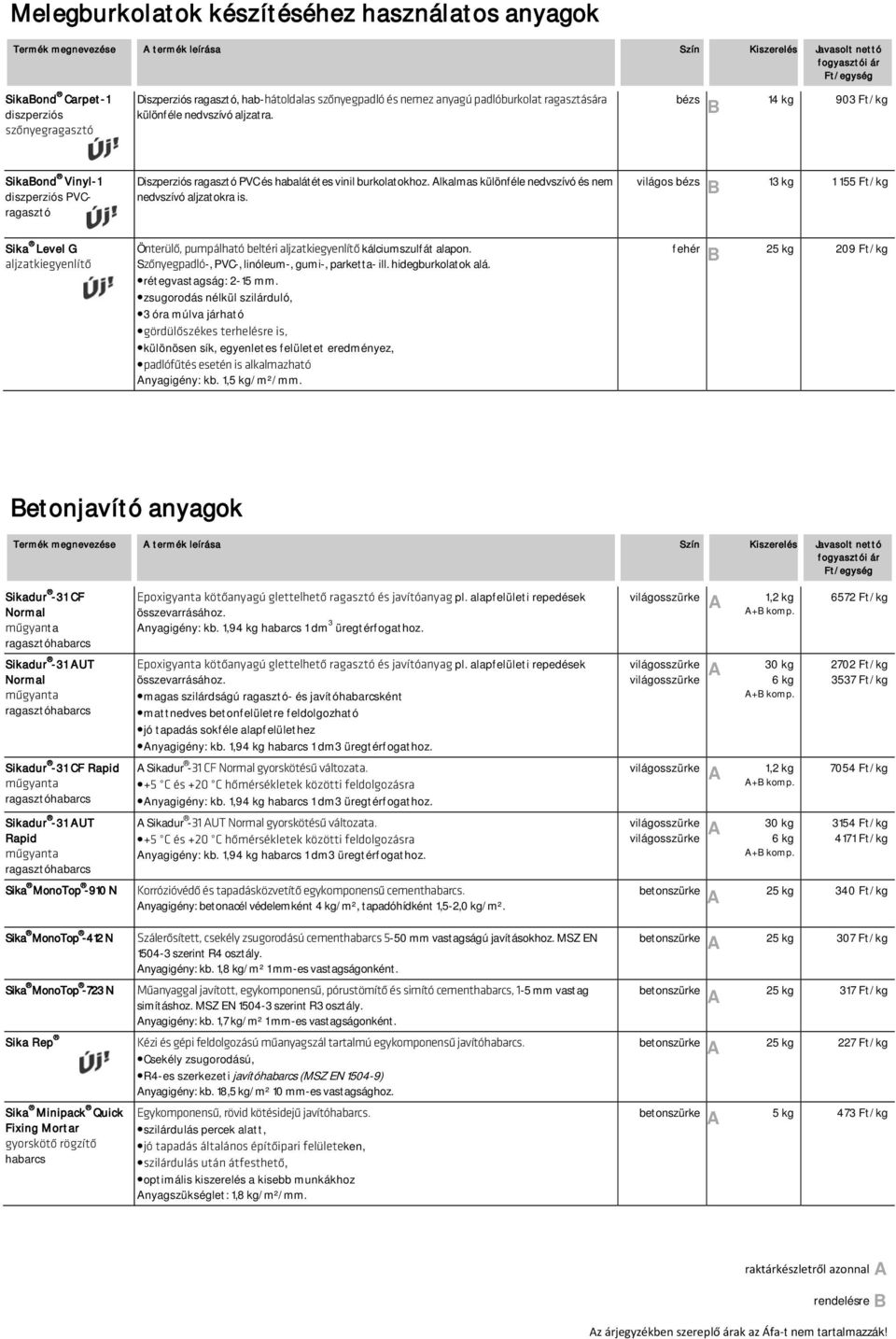 bézs 14 kg 903 Ft/kg Sikaond Vinyl-1 diszperziós PVCragasztó Sika Level G aljzatkiegyenlítő Diszperziós ragasztó PVC és habalátétes vinil burkolatokhoz.