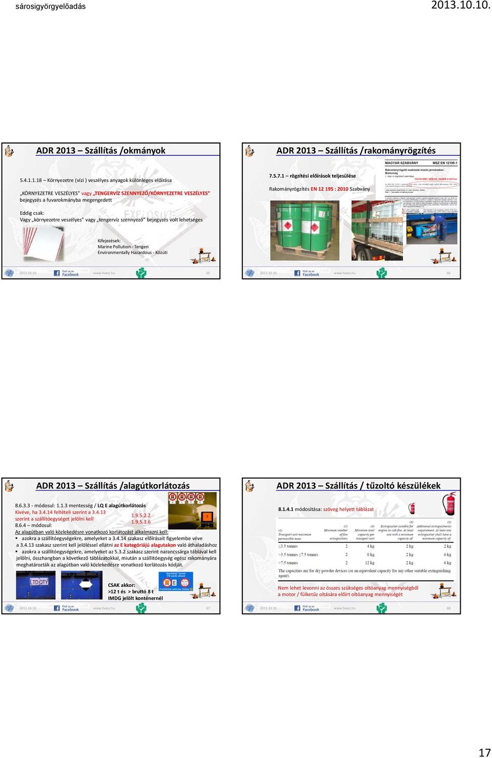Pollution Tengeri Environmentally Hazardous Közúti www.hvesz.hu 65 www.hvesz.hu 66 ADR 2013 Szállítás /alagútkorlátozás ADR 2013 Szállítás / tűzoltó készülékek 8.6.3.3 módosul: 1.1.3 mentesség / LQ E alagútkorlátozás Kivéve, ha 3.