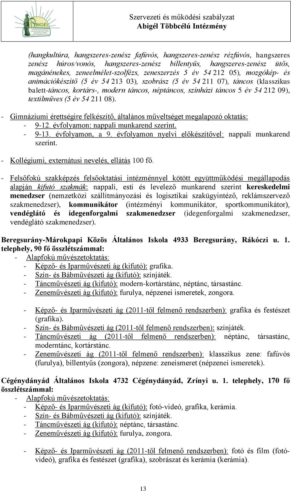 212 09), textilműves (5 év 54 211 08). - Gimnáziumi érettségire felkészítő, általános műveltséget megalapozó oktatás: - 9-12. évfolyamon: nappali munkarend szerint. - 9-13. évfolyamon, a 9.