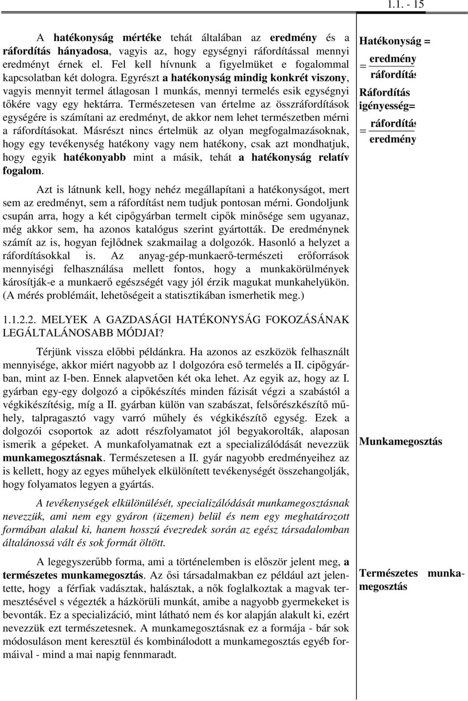 Egyrészt a hatékonyság mindig konkrét viszony, vagyis mennyit termel átlagosan 1 munkás, mennyi termelés esik egységnyi tőkére vagy egy hektárra.