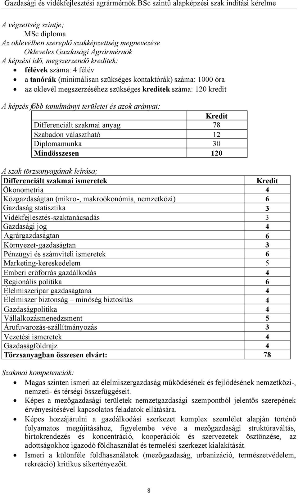 Szabadon választható 12 Diplomamunka 30 Mindösszesen 120 A szak törzsanyagának leírása; Differenciált szakmai ismeretek Kredit Ökonometria 4 Közgazdaságtan (mikro-, makroökonómia, nemzetközi) 6