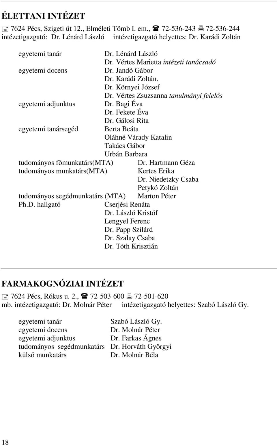 Fekete Éva Dr. Gálosi Rita egyetemi tanársegéd Berta Beáta Oláhné Várady Katalin Takács Gábor Urbán Barbara tudományos főmunkatárs(mta) Dr. Hartmann Géza tudományos munkatárs(mta) Kertes Erika Dr.