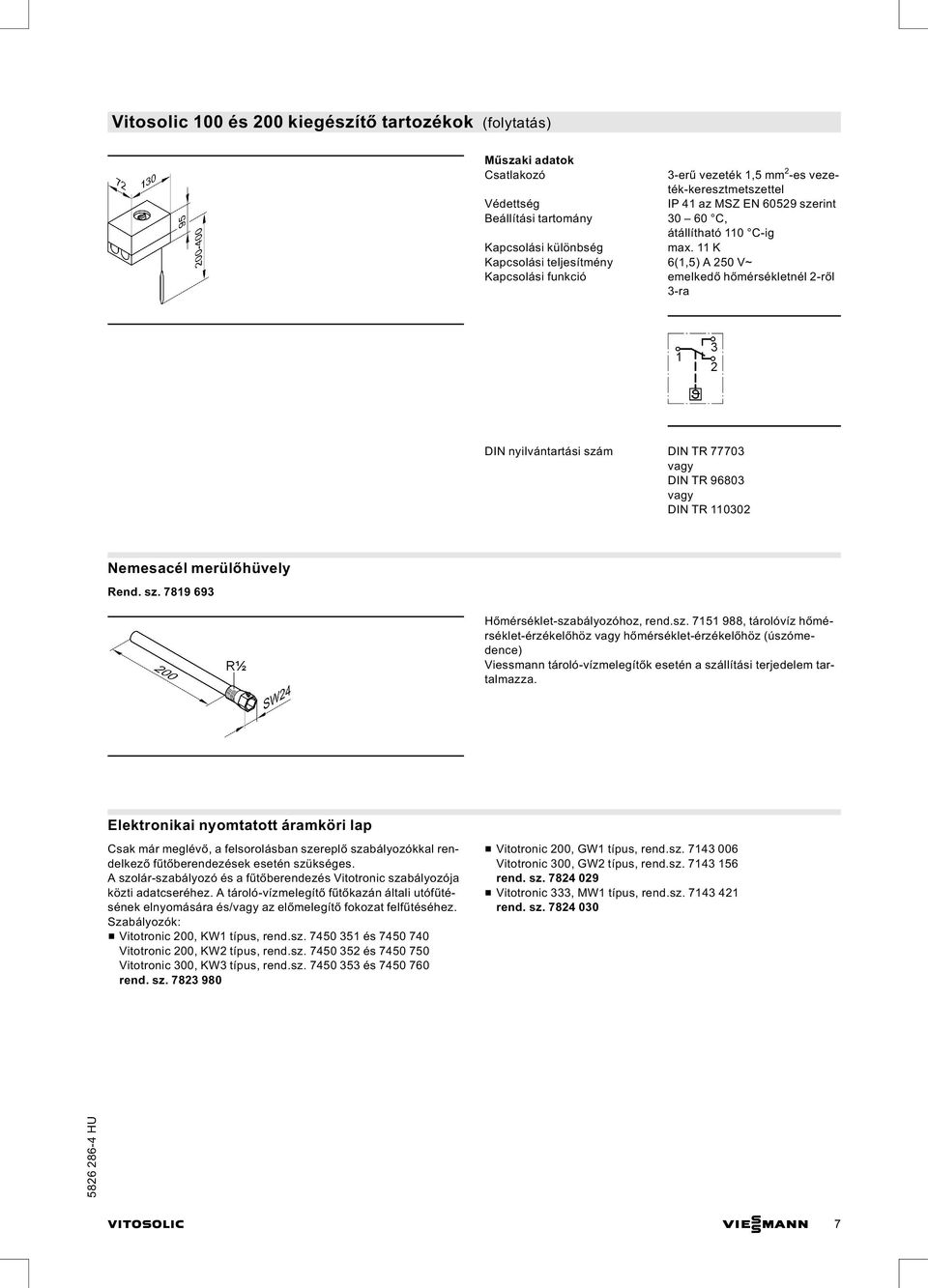 11 K Kapcsolási teljesítmény 6(1,5) A 250 V~ Kapcsolási funkció emelkedő hőmérsékletnél 2-ről 3-ra DIN nyilvántartási szám DIN TR 77703 DIN TR 96803 DIN TR 110302 Nemesacél merülőhüvely Rend. sz. 7819 693 Hőmérséklet-szabályozóhoz, rend.