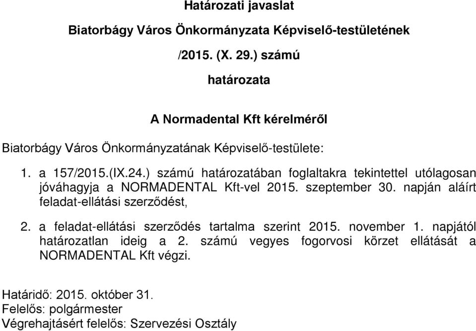 ) számú határozatában foglaltakra tekintettel utólagosan jóváhagyja a NORMADENTAL Kft-vel 2015. szeptember 30. napján aláírt feladat-ellátási szerződést, 2.